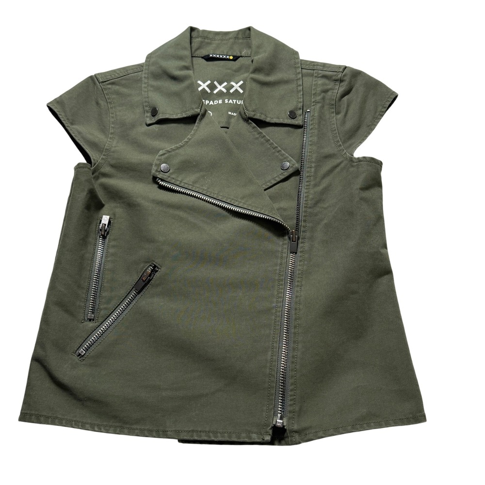 KATE SPADE Saturday Moto Vest Women XS Olive Green Cotton Asymmetrical Zip Biker